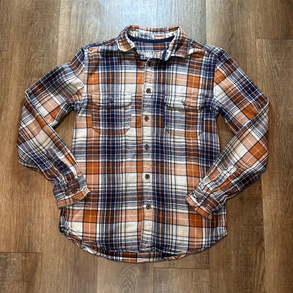 Mossimo Supply Co Mens Flannel Shirt Orange Navy Gorpcore Plaid Cotton Sz S Y2K